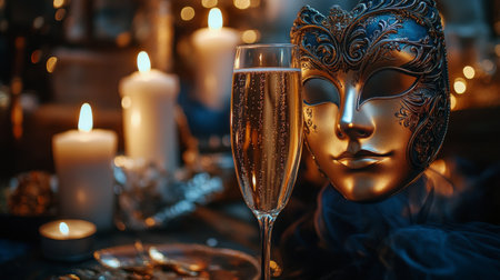 An elaborate masquerade setup featuring a decorative mask, a flute of champagne, and soft candlelight creating a warm, inviting ambiance perfect for an evening celebration.の素材