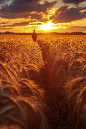 A farmer in a straw hat watches the sunset over a vast field of golden wheat. The warm sunlight creates a serene atmosphere, highlighting the beauty of nature and the promise of a good harvest.の素材