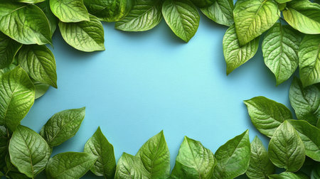 Fresh green leaves are placed around a light blue surface, creating a natural and vibrant border. The different shades of green enhance the decorative appeal of the composition.の素材