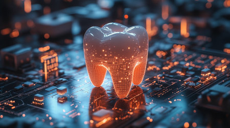 A luminous tooth symbol surrounded by glowing digital icons in a dark, vibrant environment. The setting suggests a blend of dental care and technology with sparkling effects.の素材