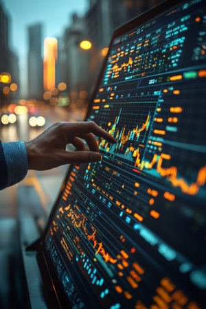 A man examines intricate financial graphs on a digital screen, immersed in analysis. The glowing highlights display trends and data points in a contemporary office environment.の素材