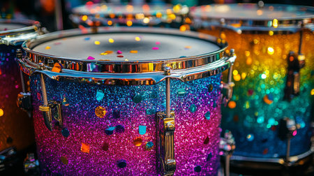 Brightly colored drums shimmer with glitter and confetti at a lively street festival. Participants enjoy music and dance, creating an energetic atmosphere filled with excitement and joy.の素材