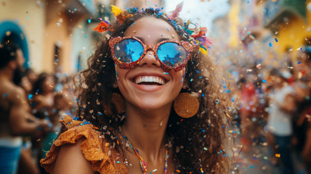 A lively street festival unfolds under bright sunlight as people dance and celebrate. The joyful crowd is adorned with colorful confetti, balloons, and festive attire, radiating happiness.の素材