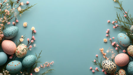 A vibrant display of decorated eggs in pastel colors arranged with fresh flowers and greenery on a soft blue background, creating a cheerful atmosphere for a spring celebration.の素材