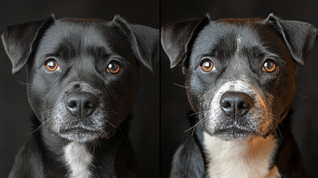 Two dogs display cheerful and playful expressions against a solid backdrop, highlighting their friendly nature. Their large, expressive eyes and open mouths convey happiness and excitement.の素材