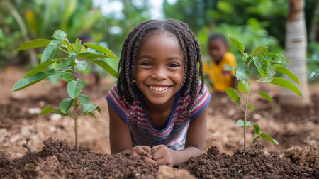Young children are engaged in planting small seedlings in rich brown soil.の素材