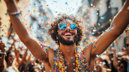A joyful crowd celebrates a vibrant street festival filled with music, colorful confetti, and enthusiastic participants.の素材