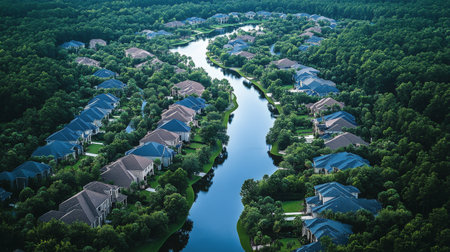 Lush trees encircle a suburban neighborhood featuring charming homes with red roofs. Paved roads twist through the area, showcasing peaceful living amidst nature.の素材