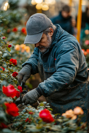 A man in a gray cap carefully prunes fresh roses in a greenhouse filled with colorful blooms. Soft morning light enhances the lush atmosphere as it works diligently.の素材