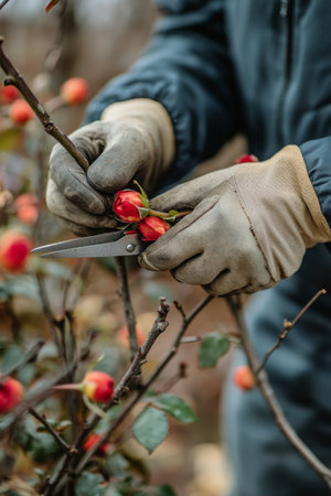 Gardeners carefully prune blooming flowers using scissors while wearing dirty gloves. The scene captures the delicate balance of tending to plants and nature in a vibrant garden.の素材