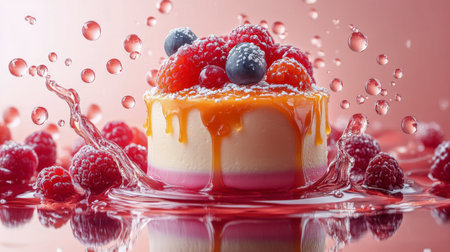 A beautiful dessert features a creamy base adorned with a rich chocolate glaze and a generous topping of fresh raspberries and blackberries, displayed on a rustic wooden table.の素材