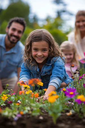 A man and two children are enjoying a gardening activity. They are focused on planting colorful flowers in the garden bed. The outdoor setting is warm and inviting, showcasing natures beauty.の素材
