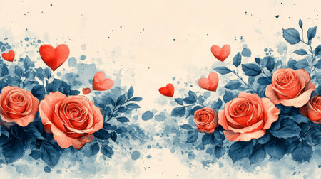 A vibrant red heart surrounded by delicate pink roses and lush green leaves brings a romantic touch. This design is perfect for expressing love during special occasions.の素材