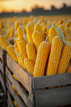 Golden corn plants stretch on either side of a dirt path, illuminated by warm afternoon sunlight. Leaves rustle gently in the breeze while fallen kernels scatter the ground.の素材