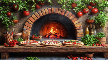 A rustic kitchen features a brick oven glowing with fire as a pizza topped with tomatoes and basil rests on a wooden table. Fresh ingredients surround the pizza, showcasing a culinary setting.の素材