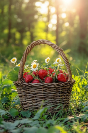 A wicker basket filled with ripe strawberries and white daisies sits on the forest floor. Sunlight filters through trees, casting a warm glow around the vibrant fruits and flowers.の素材