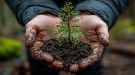 Two hands, covered in soil, cradle a young evergreen seedling in a lush forest environment. The scene emphasizes the importance of planting trees for ecological health.の素材