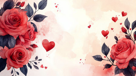 A vibrant red heart surrounded by delicate pink roses and lush green leaves brings a romantic touch. This design is perfect for expressing love during special occasions.の素材