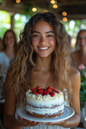 A girl smiles brightly while holding a beautifully decorated cake topped with raspberries and candles. Friends gather around, sharing joy and excitement during a birthday celebration.の素材