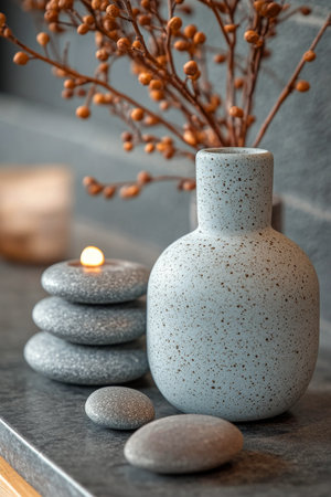 A decorative setup features a light speckled vase holding dried branches, alongside smooth gray stones stacked and scattered on a dark stone surface. Soft lighting enhances the serene ambiance.の素材