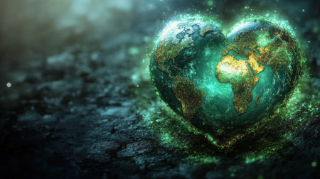 Two hands hold gently a heart shaped cluster of moss and small plants, highlighting a deep connection with nature. Soft sunlight filters through the trees, creating a peaceful atmosphere.の素材