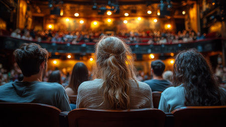 A lone figure stands in a historic theater, surrounded by warm, glowing lights hanging from the ceiling. The audience seats are empty, emphasizing the quiet ambiance as the night unfolds.の素材