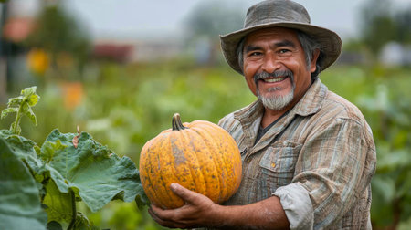 A joyful farmer stands in a lush field, showcasing a freshly picked pumpkin. The sun highlights his smile and the vibrant colors of autumn, emphasizing the spirit of harvest time.の素材