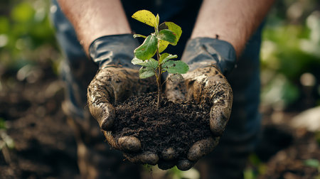 Two hands, covered in soil, cradle a young evergreen seedling in a lush forest environment. The scene emphasizes the importance of planting trees for ecological health.の素材