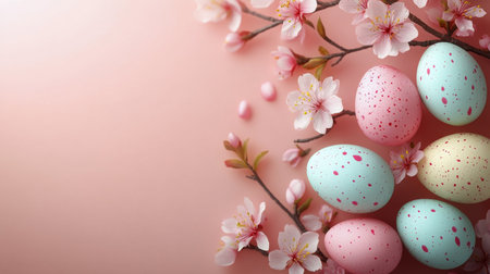 Vibrant pastel colored eggs are nestled among blooming cherry blossoms, showcasing a joyful spring celebration. The arrangement highlights the beauty of the season with soft hues.の素材