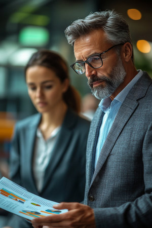 Two business professionals are focused on analyzing reports in a contemporary office setting. The atmosphere is productive and collaborative as they discuss important details.の素材