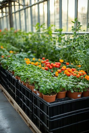 A variety of potted plants are arranged on wooden pallets in a greenhouse. Green foliage and bright flowers create a lively atmosphere. Sunlight filters through the glass, enhancing the colors.の素材