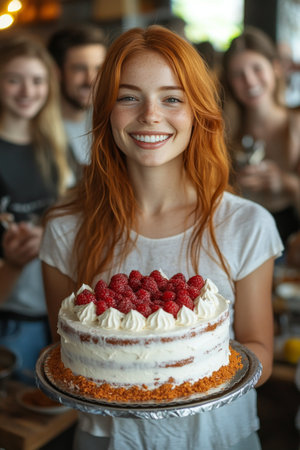 A girl smiles brightly while holding a beautifully decorated cake topped with raspberries and candles. Friends gather around, sharing joy and excitement during a birthday celebration.の素材