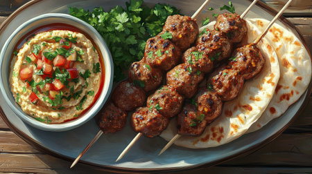 Skewers of marinated meat are sizzling over an open flame, surrounded by warm bread and fresh salad. The vibrant colors and aroma create a festive atmosphere for the gathering.の素材