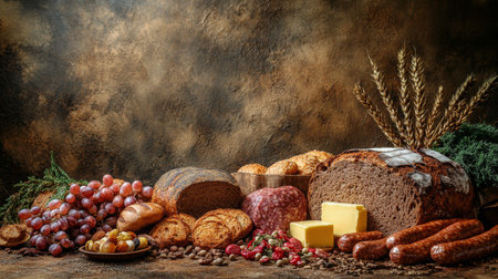 A variety of freshly baked breads are displayed alongside butter, sausages, and grains on a wooden surface.の素材