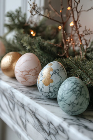 Colorful Easter eggs with marbled patterns of blue, orange, and gold are arranged neatly on a shelf. Small potted flowers enhance the festive ambiance of the setting.の素材