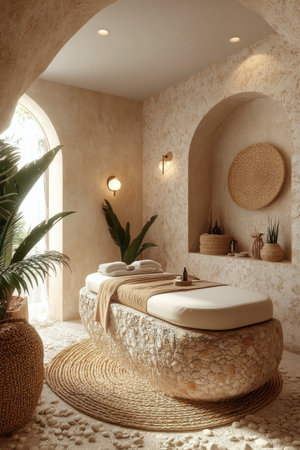 A serene spa treatment room features a natural stone massage table and soft lighting. Indoor plants and woven decor create a peaceful atmosphere, perfect for relaxation and rejuvenation.の素材