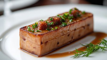 A beautifully presented gourmet dish features a rectangular piece of savory protein topped with sauce and fresh herbs. The setting is elegant, emphasizing high quality culinary artistry.の素材