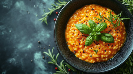 A bowl filled with creamy orange risotto sits elegantly on a dark surface. Fresh basil and herbs garnish the dish, adding color and flavor.の素材