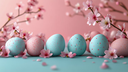 Vibrant pastel colored eggs are nestled among blooming cherry blossoms, showcasing a joyful spring celebration. The arrangement highlights the beauty of the season with soft hues.の素材