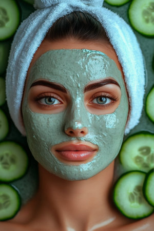 Young woman enjoys a pampering session with a green facial mask applied on her skin, cucumber slices resting on her eyes. She lies down in a serene environment, surrounded by soft textures.の素材