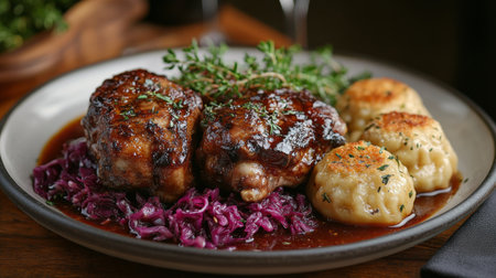 Tender roasted meat is plated besides vibrant purple cabbage and fluffy dumplings drizzled with rich sauce. Fresh herbs add color, creating a delicious and inviting meal arrangement.の素材