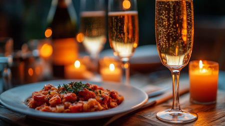 A beautifully arranged outdoor table features gourmet food, sparkling drinks, and glowing candles. The warm lights create a cozy atmosphere as the sun sets, enhancing the evenings charm.の素材