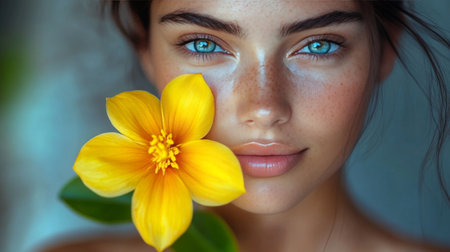 A young woman with blue eyes and a natural complexion gently holds a vibrant yellow flower near her face, surrounded by soft, neutral colors. Her expression is serene and engaging.の素材