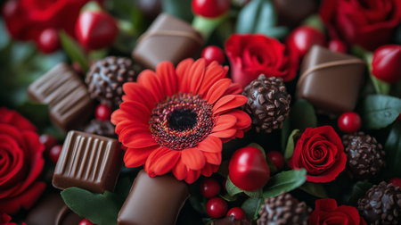 A stunning arrangement features rich chocolate pieces, vibrant red roses, and bright orange flowers, perfect for celebrating love or special events.の素材