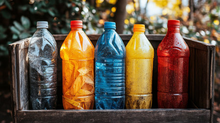 In a park filled with autumn foliage, recycling bins overflow with various colored plastic bottles and containers. The vibrant colors contrast starkly with the surrounding trees and fallen leaves.の素材