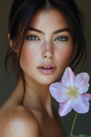 A serene moment captures a young woman with striking blue eyes and freckled skin, gently holding a delicate pink flower near her face in soft natural light, emphasizing her natural beauty.の素材