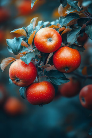 Red apples glisten with dew droplets as they hang from the branches in an orchard. The setting is serene, showing the beauty of nature during the early morning hours.の素材