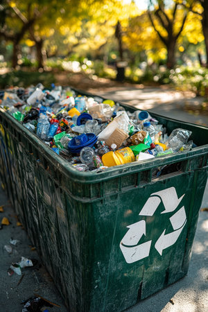 A recycling bin filled to the brim with various plastic and glass containers sits in a park during the fall.の素材