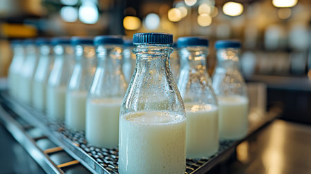 Rows of small glass bottles filled with a yellow liquid are neatly lined up on a rustic wooden table in a warm, inviting indoor environment. The soft lighting enhances the cozy atmosphere.の素材