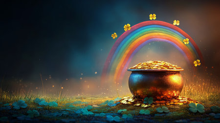 A decorative pot filled with vibrant clovers sits atop a pile of gold coins in a lush garden. A colorful rainbow arches in the background, creating a whimsical atmosphere.の素材